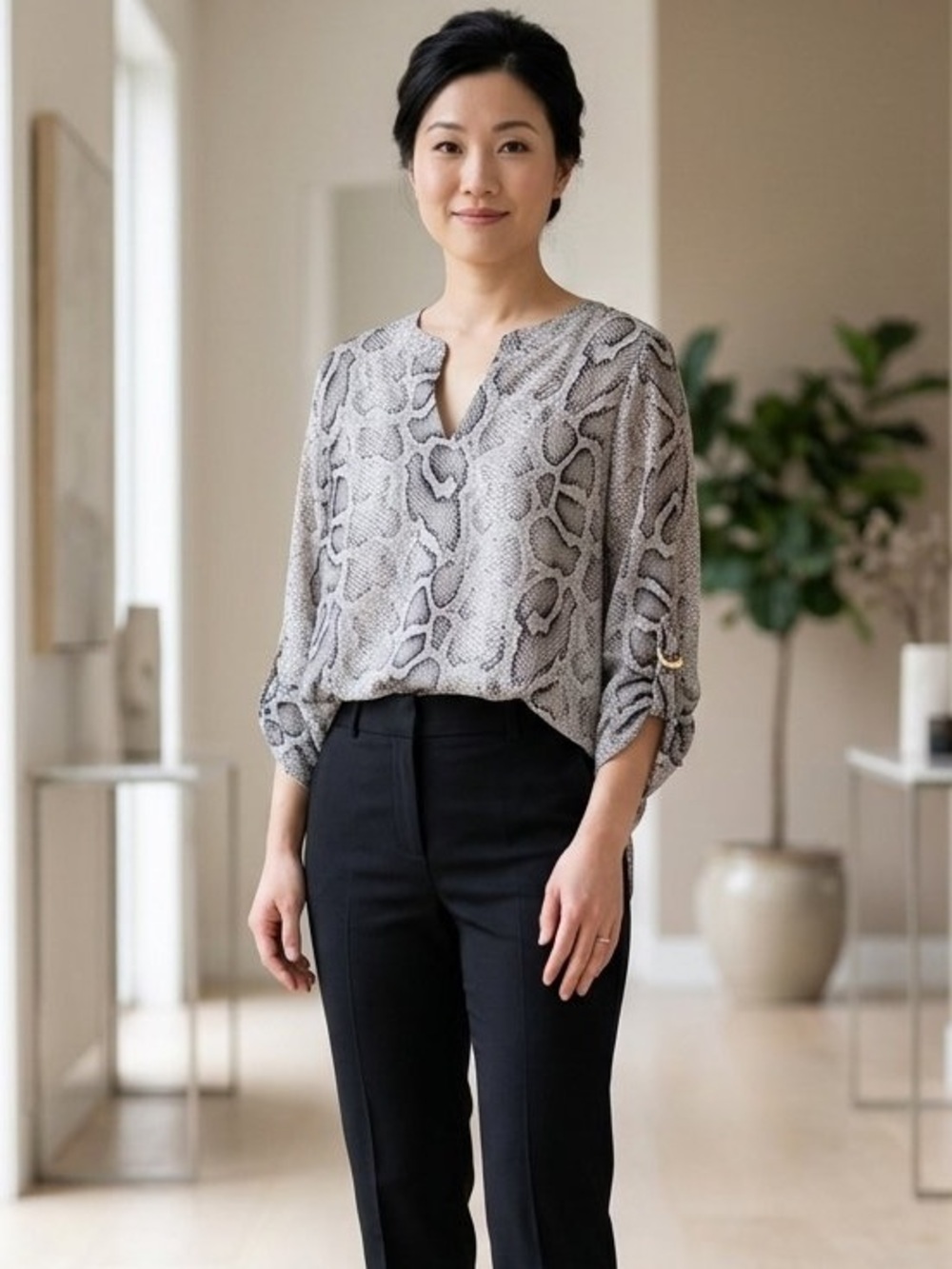 MICHAEL Michael Kors Gray Snake-Print Roll-Sleeve Blouse